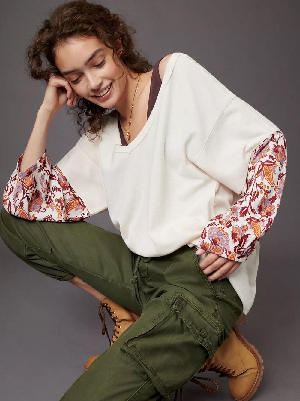 ANTHROPOLOGIE S Annette Top Oversized Waffle Knit Thermal Floral Crepe Sleeves